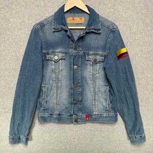 Y2K Kosiuko Denim Trucker Jacket Womens M Distressed Blue Colombia Flag Patch